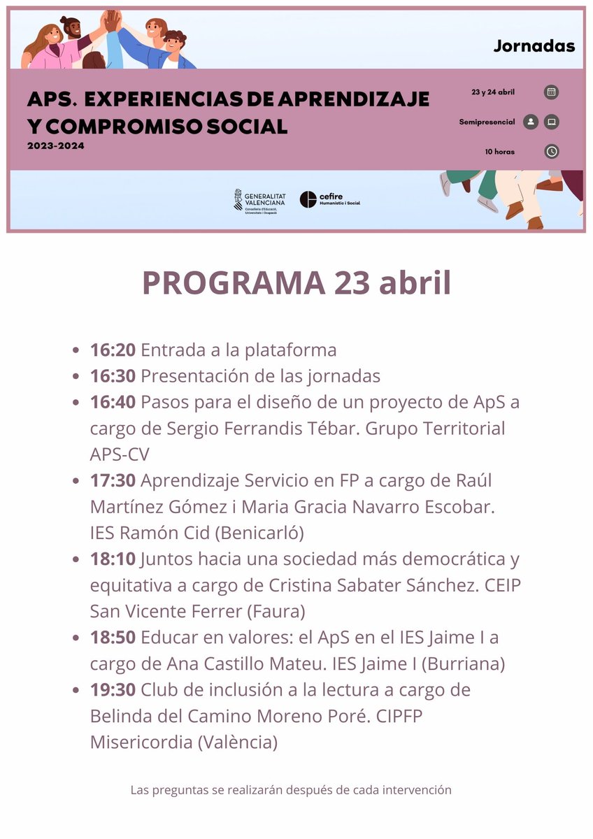 CEFIREambitHiS's tweet photo. 📢 Últimos días de inscripción 💡 Jornadas de Aprendizaje Servicio. Contaremos con Paco Pascual @PacoBort  1r premio Educa Abanca al mejor docente 2023. 
🗓️23 y 24 abril ⏰ a las 16:30 ⏳10 horas
ℹ️ ✍️ https://t.co/A2rg8H4gYr #HumanisticiSocial @GVA_Cefire https://t.co/0pvHaaBiRR
