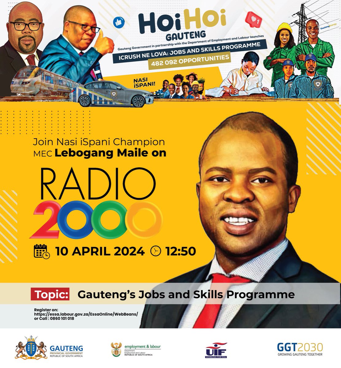 Catch the #NasiiSpani Champion MEC @LebogangMaile1 on @Radio2000_ZA with @DavidMashabela at 12:50 this afternoon as he speaks on the opening of registration and validation sites for the Gauteng Jobs & Skills Programme across the province on the 13 and 14 April 2024. #iCrushNoLova