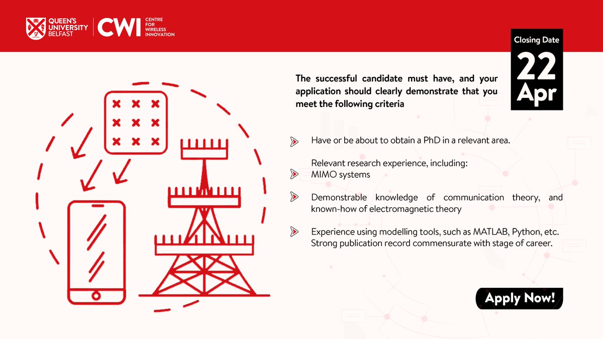 🌟Seeking a talented #ResearchFellow! This is your chance to delve into #pioneering #research on next-generation #MIMO #systems and significantly contribute to #electromagnetic systems #innovation. 📅 Deadline: 22 Apr, 2024 🔍 Apply Now: hrwebapp.qub.ac.uk/tlive_webrecru…