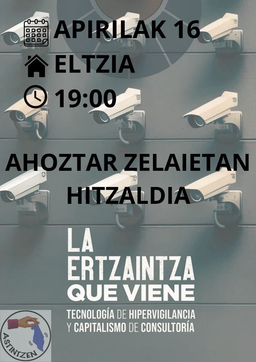 📚 Liburu aurkezpen saioa
🗣 Ahoztar Zelaieta  <a href="/Ahoztar1972/">Ahoztar Zelaieta</a> 
📅 Apirilak 16, martitzena 
🕖 19:00etan🗣 
📍 Eltzian 
🎯 Saio honen helburua Ertzaintzaren garapen teknologikoa eta bere opakutasuna argitzea izango da.
#Astintzen