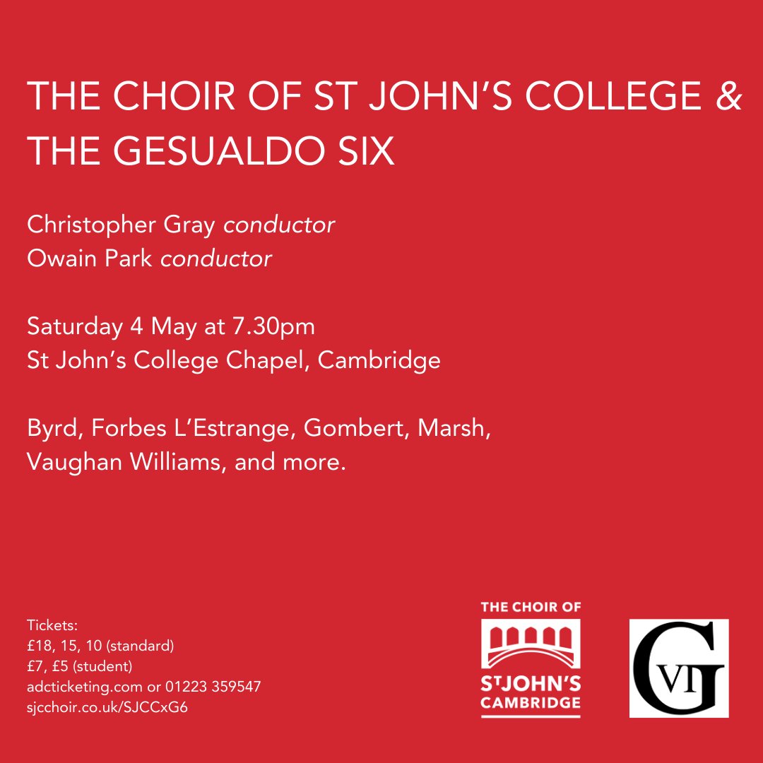 We’re partnering with @TheGesualdoSix for a concert in our beautiful Chapel on Saturday 4 May at 7.30pm. Christopher Gray and @owainpark will lead a programme featuring works by Byrd, Gombert, Marsh, Vaughan Williams, and more. Book your tickets now bit.ly/SJCCxG6