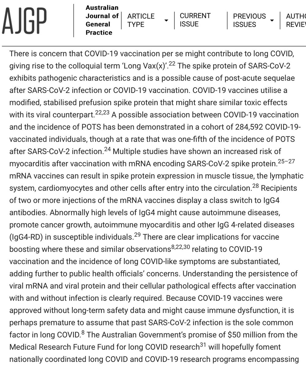 Long COVID.
Vaccination generated spike protein a likely cause.
#LongCovid #VaccineDeaths #VaccineInjuries #mRNA 

www1.racgp.org.au/ajgp/2024/apri….