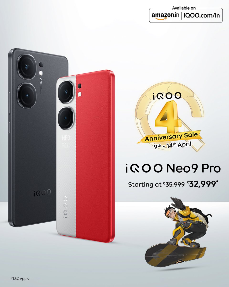 IqooInd's tweet image. Grab the #iQOONeo9Pro during our #iQOOAnniversarySale at just ₹32,999*. Experience the Segment's most powerful dual-chip smartphone*!

Sale is live exclusively on @amazonIN and mshop.iqoo.com/in

#iQOO #iQOOAnniversary #iQOOTurns4