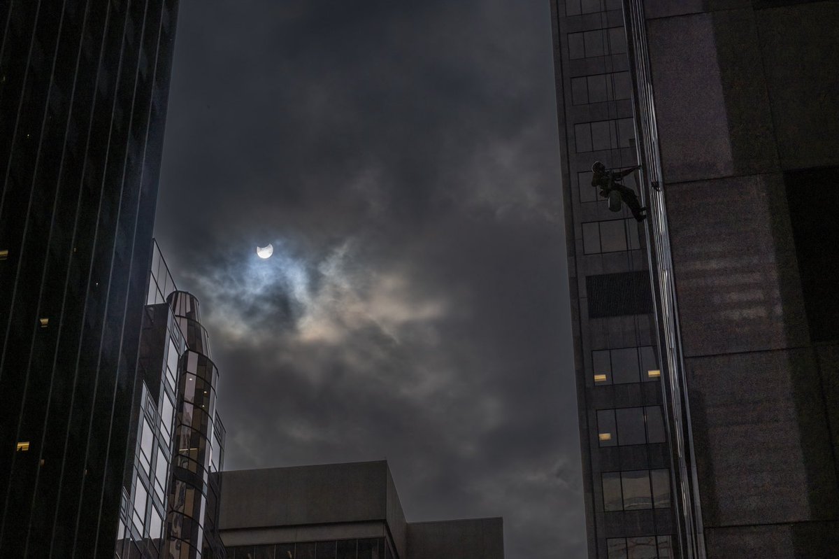 Inquiring mind wants to know: 
Eclipse glasses available?
Did they stop working when it turned pitch dark?
Did their manager or building management talk about not sending out their crew on this day?
#eclipse2024 #TorontoEclipse