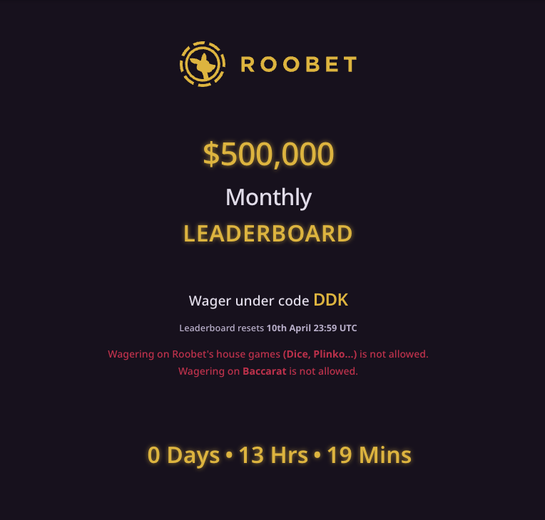 ⏳13 hours left on our $500,000 ROOBET Leaderboard! Good luck to everyone in the final hours! Check your standing here ➡️ddk.gg/lb