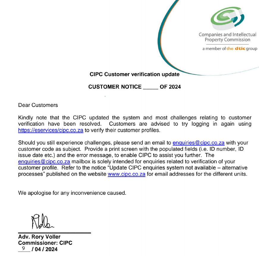 Dear Customer
Kindly note that the CIPC updated the system and most challenges relating to customer verification have been resolved.  
Should you still experience challenges, please visit bit.ly/49ufjHW for more information. 
#BeVerified #TH!NKCIPC #YourBusinessOurFocus