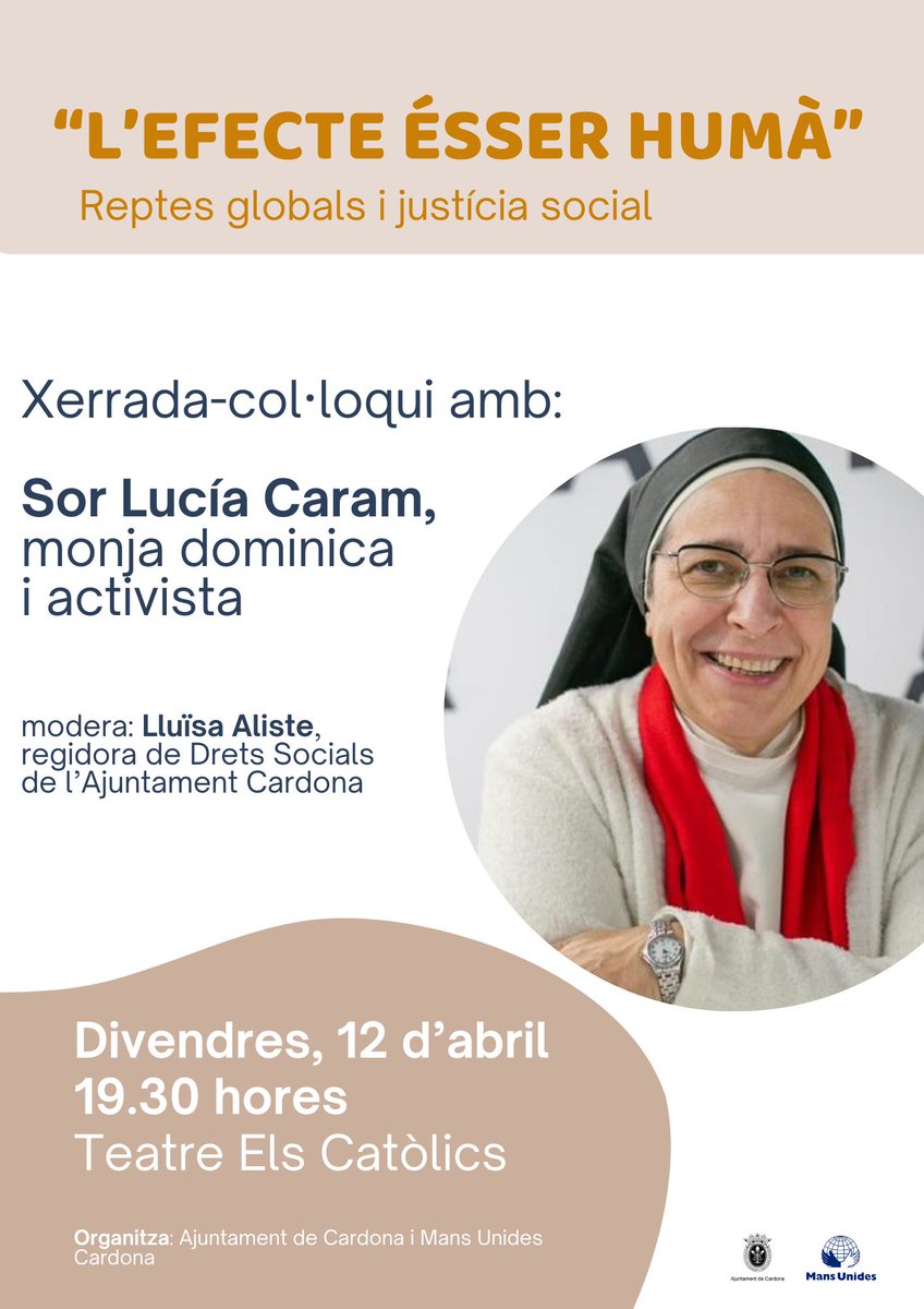 Divendres dia 12 d'abril a #Cardona tindrà lloc una xerrada amb sor Lucia Caram organitzada per mans unides i @ajtcardona bisbatsolsona.cat/agenda/xerrada…