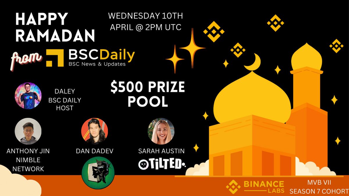 #Tilted joins @ArcasChampions #BinanceLabs #MVB with our other winner from #MVB7 @Nimble_Network on @BSC_Daily to discuss #RWAs and #RWA utility, #AI & #DecentralizedAI for end of #Ramadan celebration. 🔸Topic: RWAs in Gaming & AI! Prize: $500+ binance.com/en/live/video?………