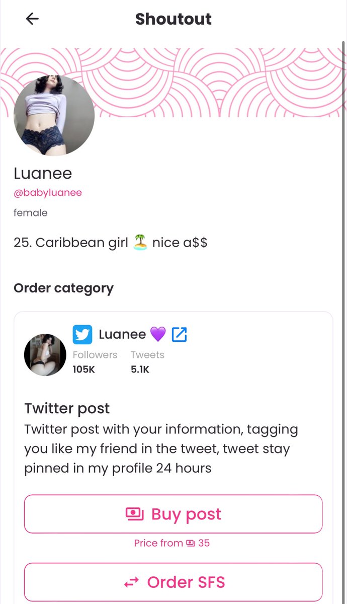 Beautiful <a href="/babyluanee_/">Luanee 💜</a> available for SFS on Twitter! 🩷🔥🌟

Check this link 👉🏼 fanscity.com/shoutout/buy/b…