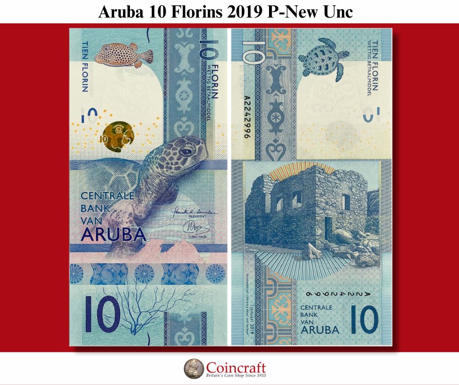 #Banknoteoftheweek: Unearth the allure of Aruba's rich history and breathtaking marine life with the 2019 10 Florin banknote. 🐢💵 Featuring the vibrant Green Sea Turtle and Spotted Trunkfish, this note echoes the island's natural beauty. coincraft.com/aruba-10-flori…