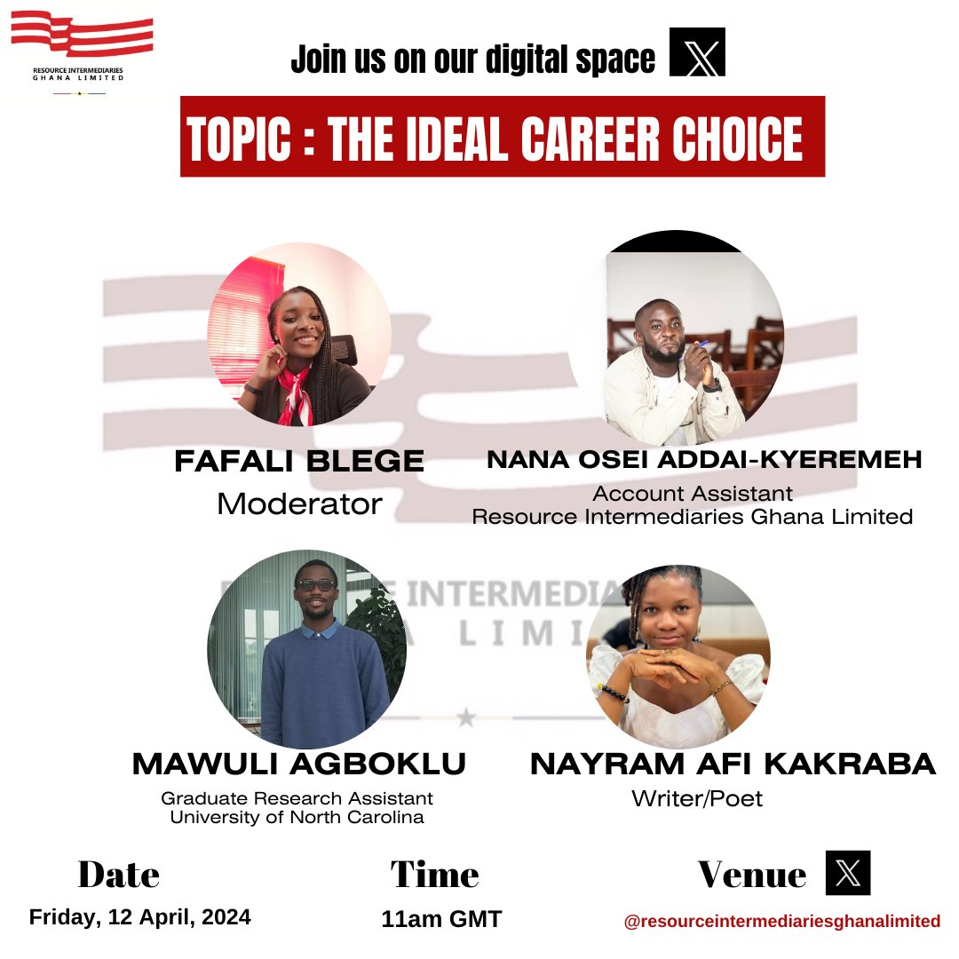 Hello everyone!!!!

Make a date with us on Friday, 12th April, 2024 at 11:00 am on X under the theme THE IDEAL CAREER CHOICE.

Kindly find the attached link x.com/i/spaces/1PlJQ…
 
Meet our Guest Speakers:
@MAgboklu
@bra_Generio
@AfiNayram

Moderator
@EsiFali
#XSpace #CitiCBS