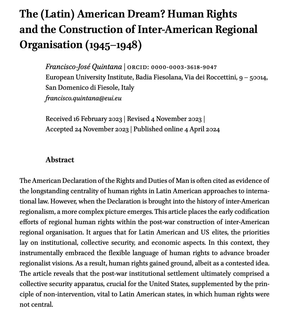 The history of human rights in LatAm is often portrayed as a long quest towards their present centrality. My new @JHIL_RHDI article charts a different course: in the post-war, human rights were mainly employed as tools to advance broader regional goals. brill.com/view/journals/…