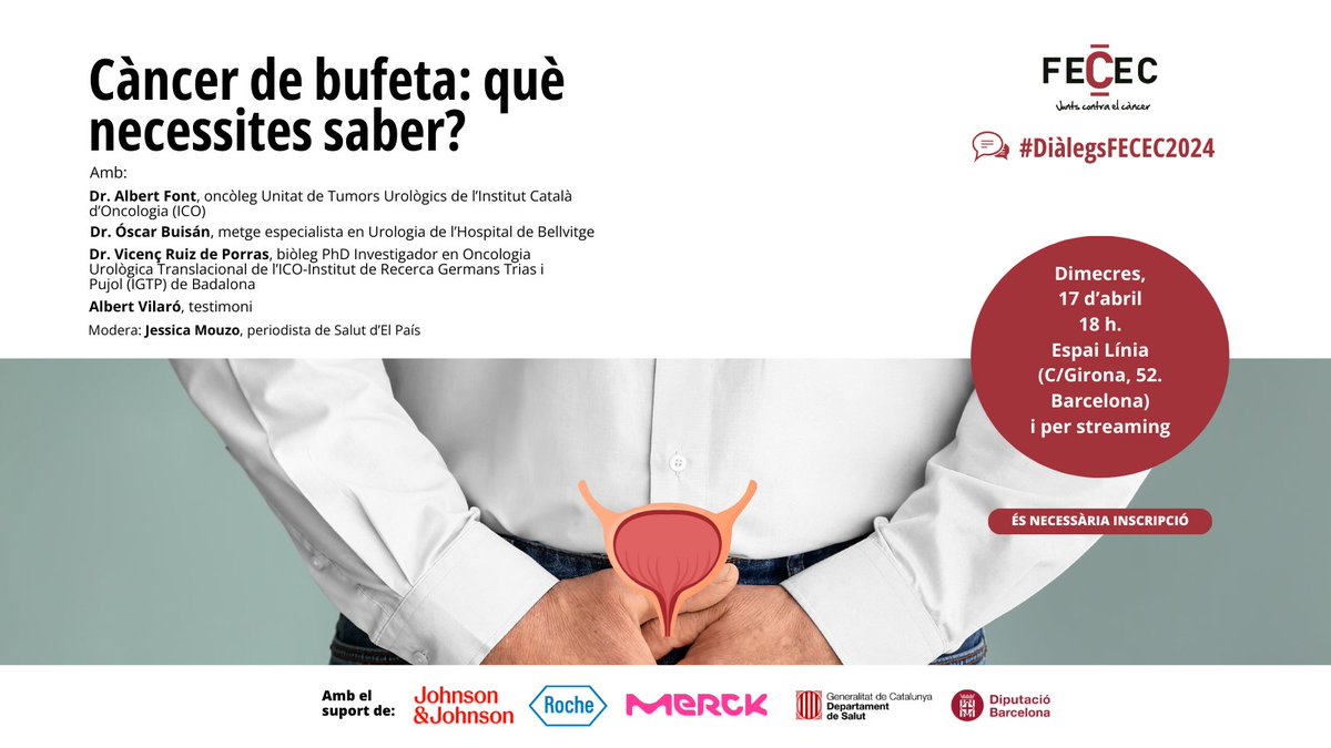Federació Catalana d'Entitats contra el Càncer (@fececfederacio) on Twitter photo 🗣️ Recorda! Diàleg FECEC '#Càncer de bufeta: què necessites saber?'
📅 dimecres, 17 d’abril
⌚️ 18 h.
📍 <a href="/espailinia/">Espai Línia</a> (C/ Girona, 52 de Barcelona).
🖊️ Cal confirmar assistència.
Més informació i inscripcions: 🔗cutt.ly/0w8QYWZR
#DiàlegsFECEC2024 🗣️ Recorda! Diàleg FECEC '#Càncer de bufeta: què necessites saber?'
📅 dimecres, 17 d’abril
⌚️ 18 h.
📍 <a href="/espailinia/">Espai Línia</a> (C/ Girona, 52 de Barcelona).
🖊️ Cal confirmar assistència.
Més informació i inscripcions: 🔗cutt.ly/0w8QYWZR
#DiàlegsFECEC2024
