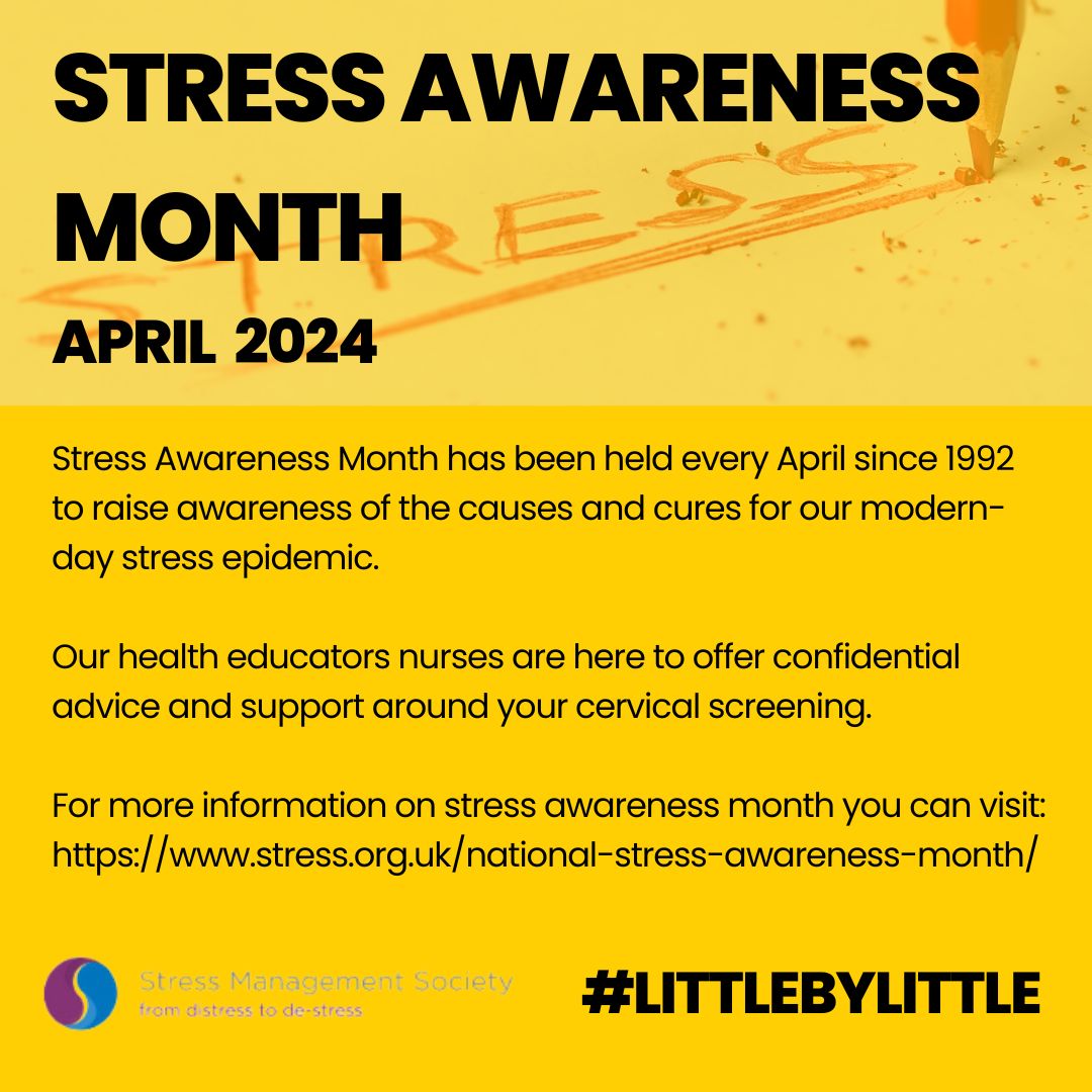 This month is Stress Awareness Month! We want you to know that our Health Educator nurses are on hand to support you with any stress you may have about Cervical Screening. Please do not hesitate to get in contact with us💛 #stressawarenessmonth #littlebylittle