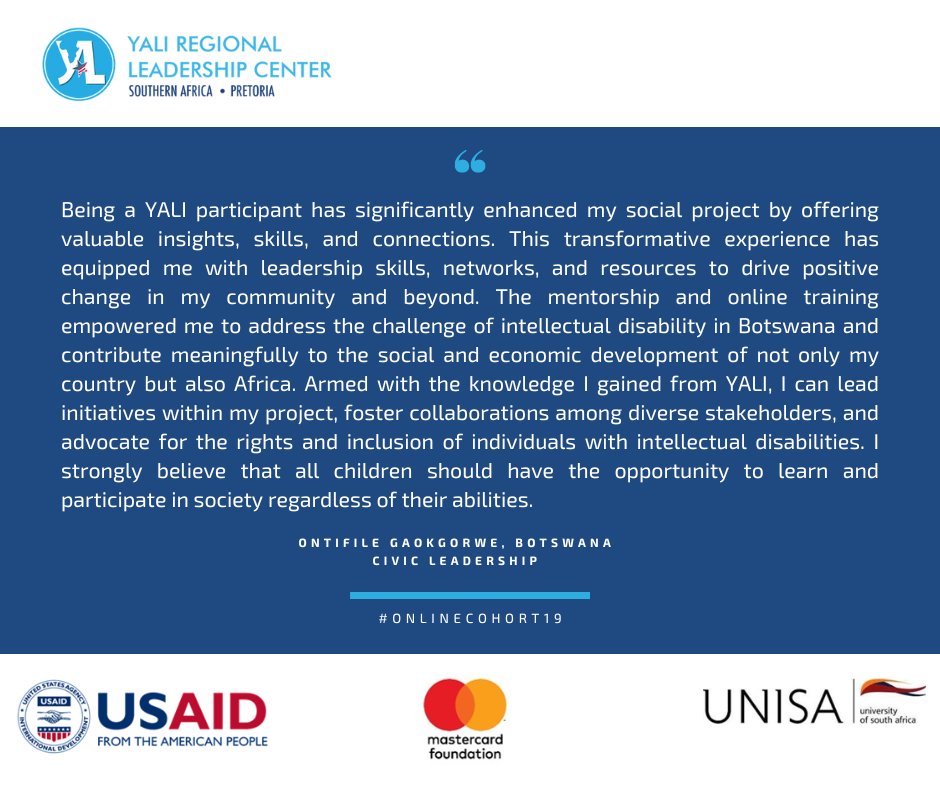 '...Armed with the knowledge I gained from YALI, I can lead initiatives within my project, foster collaborations among diverse stakeholders, and advocate for the rights and inclusion of individuals with intellectual disabilities...' Ontifile Gaokgorwe #Botswana #OnlineCohort19