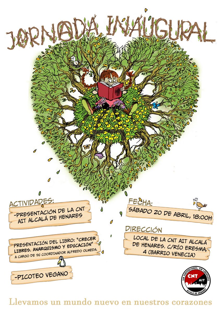 El próximo sábado 20 de abril a las 18:00h inauguramos el local de la CNT-AIT de Alcalá de Henares.
¡Nos vemos allí!
❤️🖤
alcala.cntait.org/jornada-inaugu…