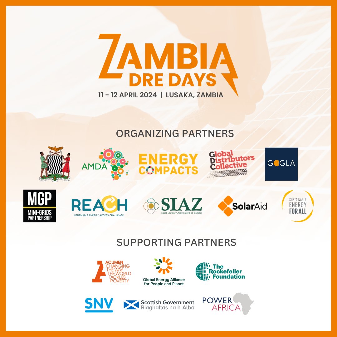 🌟 #Zambia Decentralized Renewable Energy Days start tomorrow! 🇿🇲 Join us in person at the InterContinental Hotel in Lusaka. Register now: zambiadredays.com/home 📅 11-12 April #ZambiaDREDays