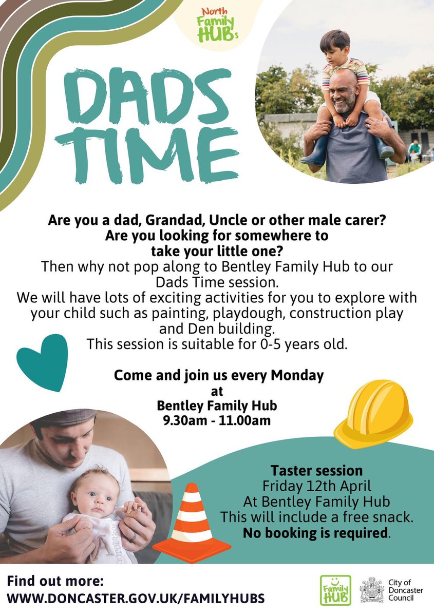 ⭐️ Dad's Time - Taster Session⭐️ Are you a dad, grandad, uncle or other male carer and need somewhere for you and your little one to hang out? 📅 Friday 12th April 🏠 Bentley Family Hub ⏰ 9:30am - 11am #familyfriendly #fun #doncasterisgreat