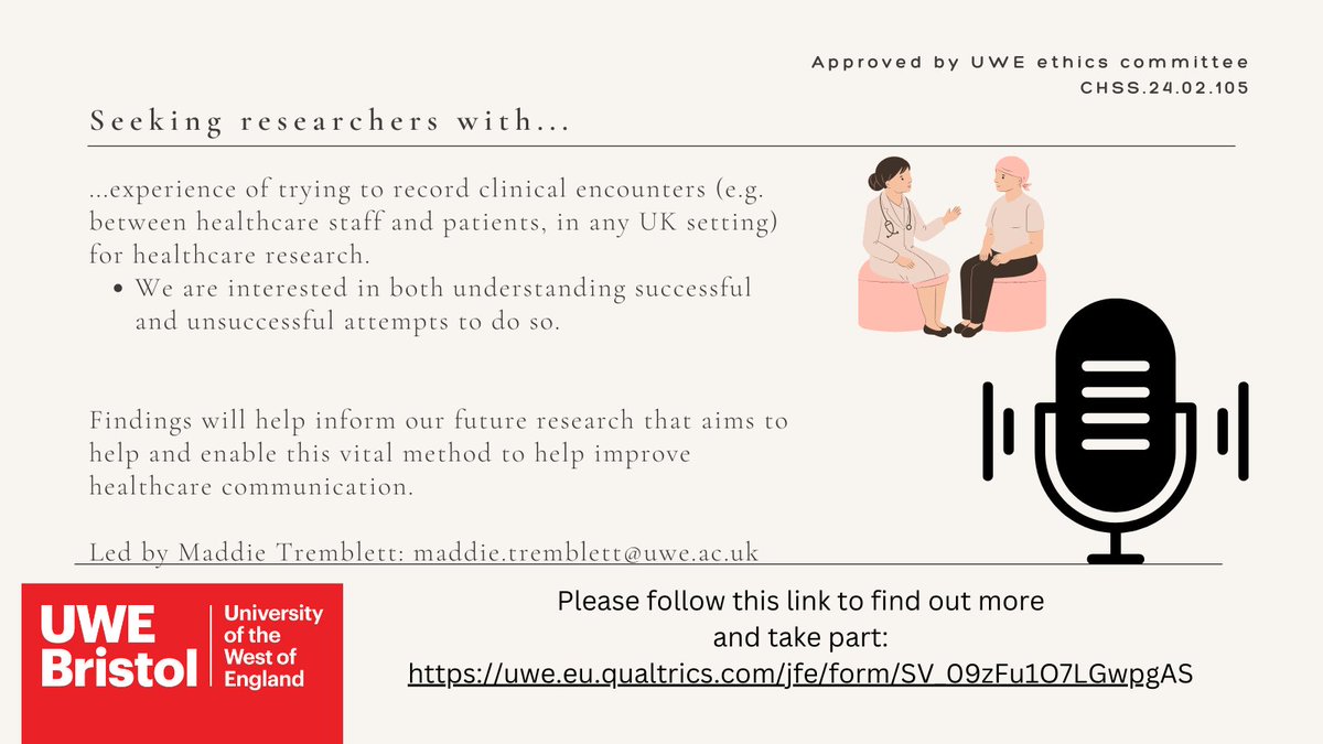 Early Career Qualitative Health Researcher Network (@ecqhrn) on Twitter photo 📢Call 4 help: <a href="/maddie_trem/">madeleine tremblett</a> & team are trying to understand researchers' successful & unsuccessful attempts of trying to record clinical encounters (any UK setting) for healthcare research. Follow the link to know more & take part in this important work: uwe.eu.qualtrics.com/jfe/form/SV_09… 📢Call 4 help: <a href="/maddie_trem/">madeleine tremblett</a> & team are trying to understand researchers' successful & unsuccessful attempts of trying to record clinical encounters (any UK setting) for healthcare research. Follow the link to know more & take part in this important work: uwe.eu.qualtrics.com/jfe/form/SV_09…