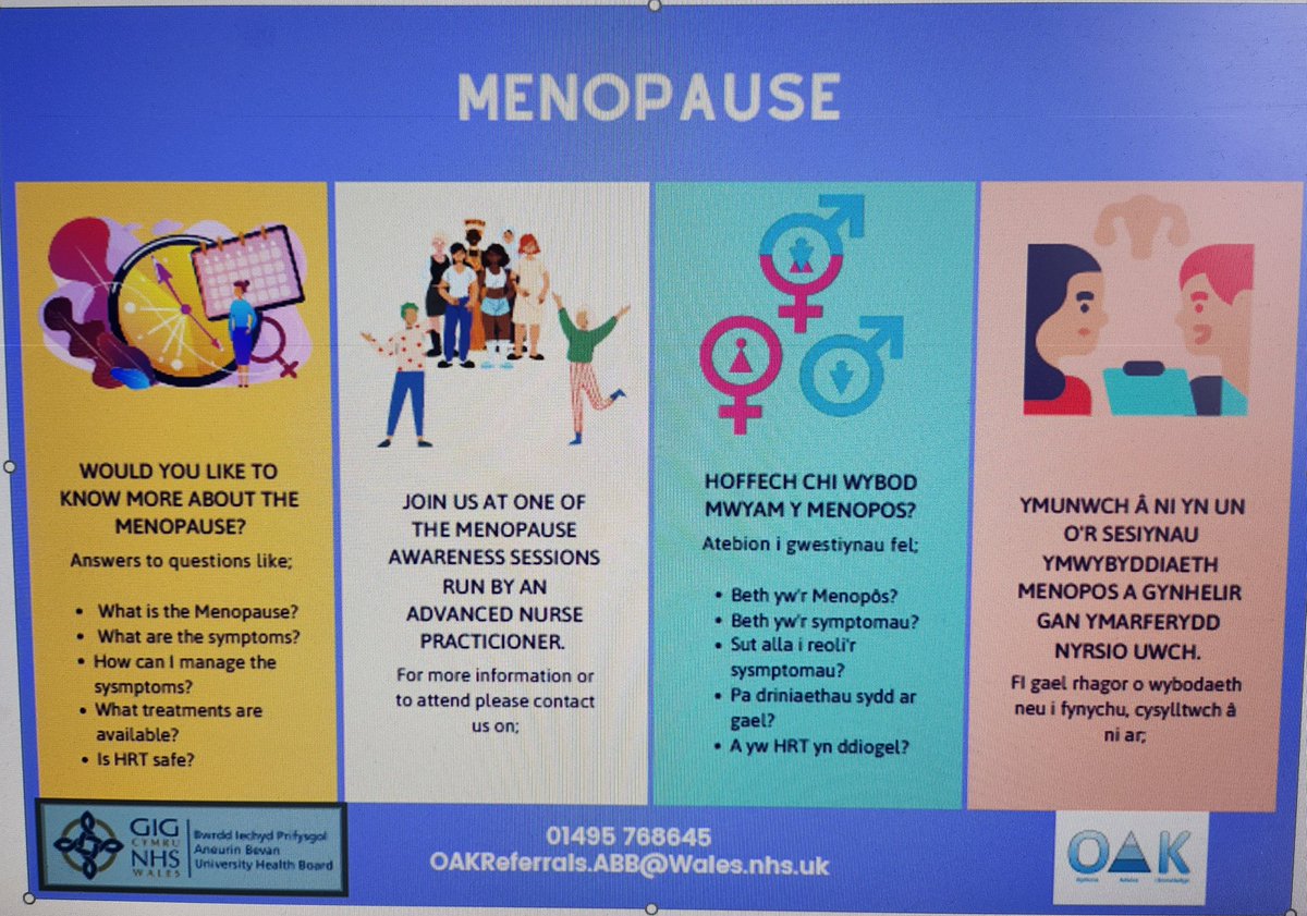 Our next session is Friday 12th April. If you would like to know more about the menopause please contact us on either 01495 768645 or email abb.oakreferrals@wales.nhs.uk @StrangeTanya @Kat1702Kt @AmyPrangle47523 @_Hookie_ @DjDonna105 @amanda_whent