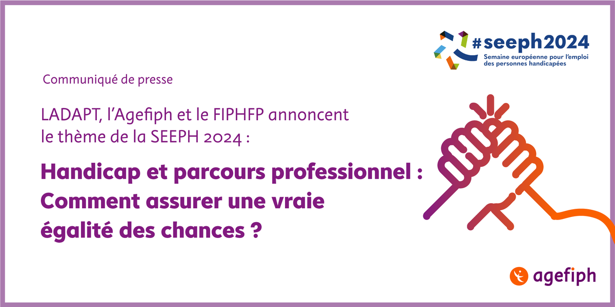 Handicap et parcours professionnel : Comment assurer une vraie égalité des chances ? C’est la thématique de la #SEEPH2024, en collaboration avec @LADAPT @FIPHFP, qui se déroulera du 18 au 24 novembre 2024 dans toute la France ! 📆 Pour plus d’info : agefiph.fr/espace-presse/…