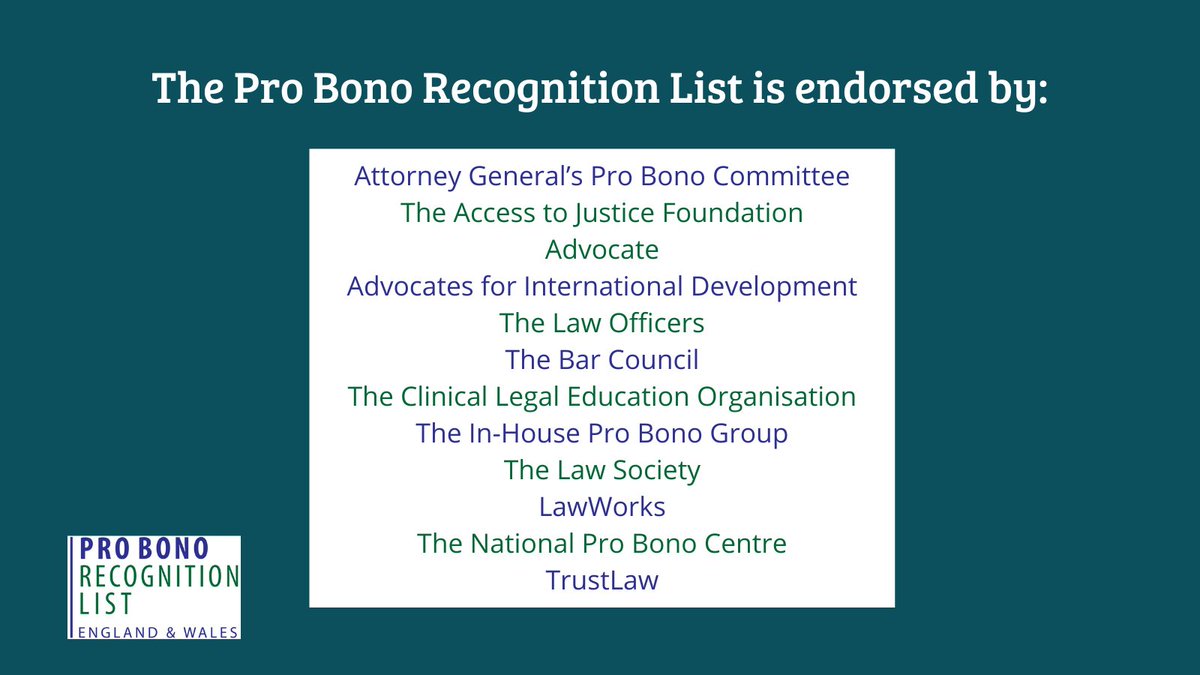 We are proud to support the #ProBonoRecognitionList of England &amp; Wales to celebrate pro bono work of the legal profession. If you completed 25 or more hours of pro bono work last year, find out more &amp; submit your name at probonorecognitionlist.org.uk. #recognitionlist #wedoprobono