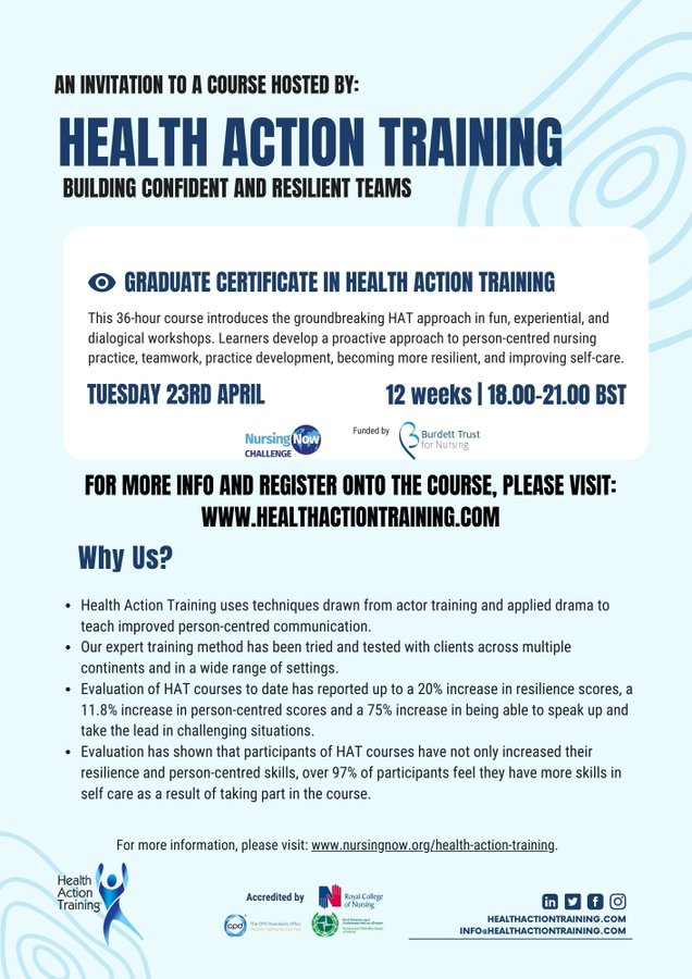 Registration is now open for @healthaction's upcoming courses! We're delighted to provide funding through @NursingNow2020 to support this course that introduces HAT's groundbreaking approach. Find out more here: healthactiontraining.com
