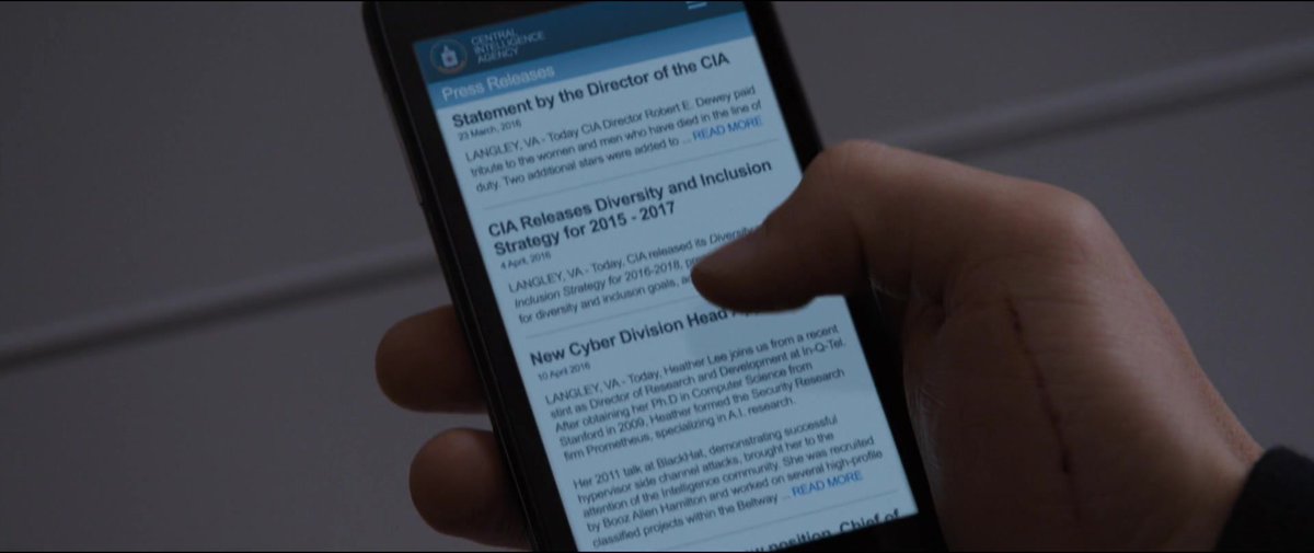 Apr 10th 2016 - The CIA appointed a new head of their Cyber Division 📽️📅 Jason Bourne (2016)