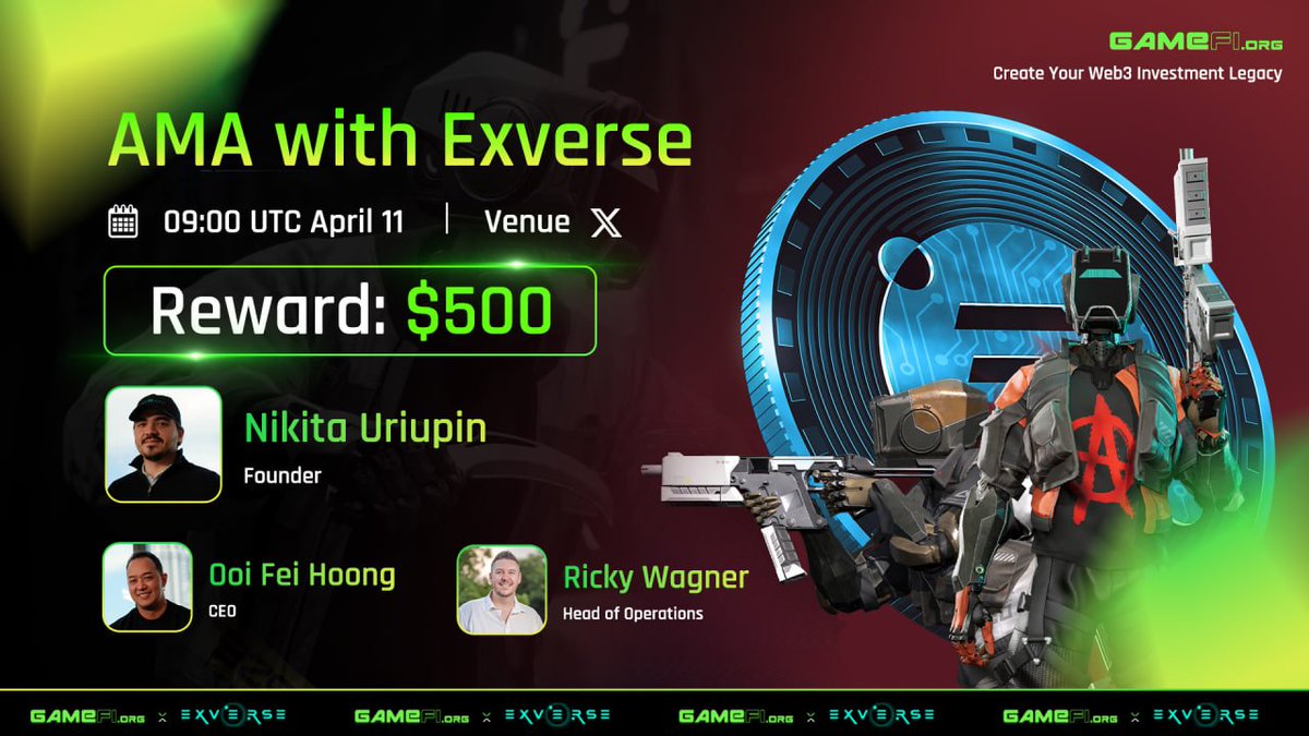 AMA with @exverse_io: Next-Level Gaming Experiences Powered by AI🔥 💰 Reward: $500 ⏰ 09:00 UTC April 11 📍 Set reminder here: twitter.com/i/spaces/1PlJQ… Host: Go - GameFi.org 🎮 Guest: Ricky Wagner (Head of operations), Nikita Uriupin (Founder) & Ooi Fei Hoong…