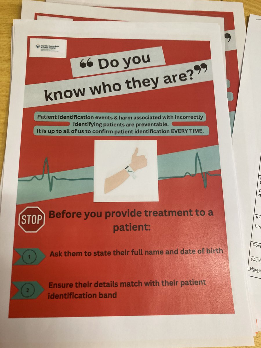 🚨’DO YOU KNOW WHO THEY ARE?’ Positive patient identification campaign launched @StJohnsHospLmk 🆔From patient admission & throughout their stay, matching the correct pt to the right medication & test is critical for patient safety🚨 @EileenH59832517 @NationalQPS @emermartin28