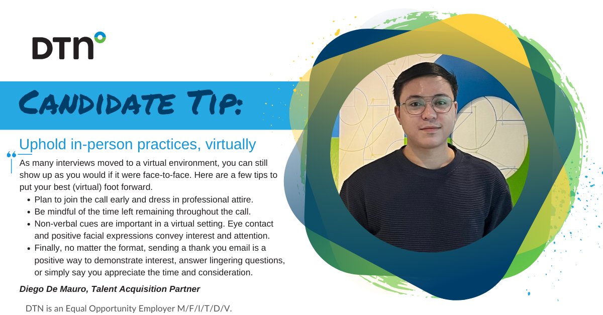 We're wrapping up our candidate tips with suggestions on approaching #VirtualInterviews. If you're ready to put the team's tips into practice, view our Careers page for open roles & info: dtn.link/t08cie

#WeAreHiring #WorkHereWednesday #RecruitmentTips #LifeAtDTN #OneDTN