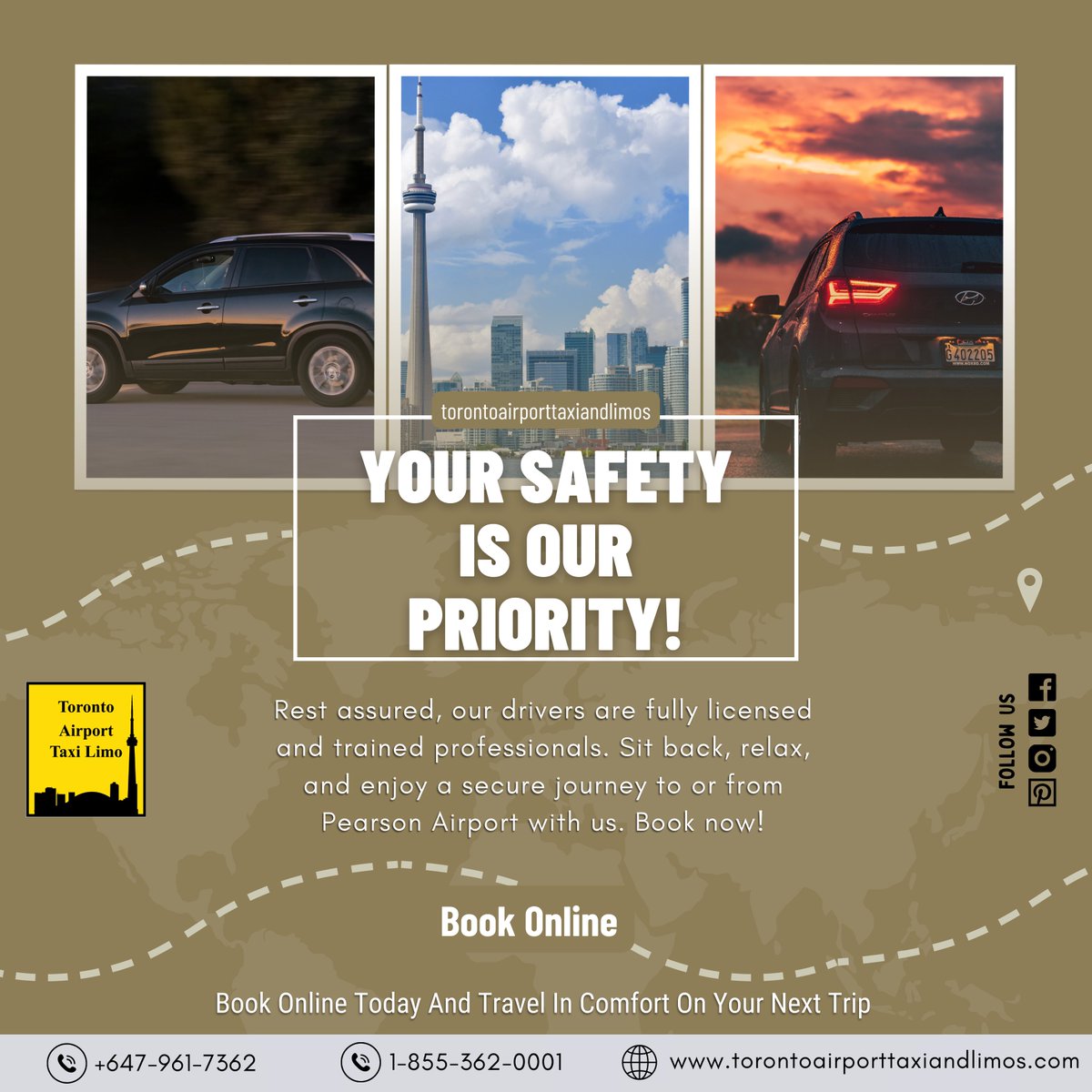 🚗✈️ Your safety is our priority! Rest assured, our drivers are fully licensed and trained professionals. Sit back, relax, and enjoy a secure journey to or from Pearson Airport with us. Book now! 🌟

#SafeTravel #AirportTransfer #ProfessionalDrivers #TravelComfort #SecureJourney