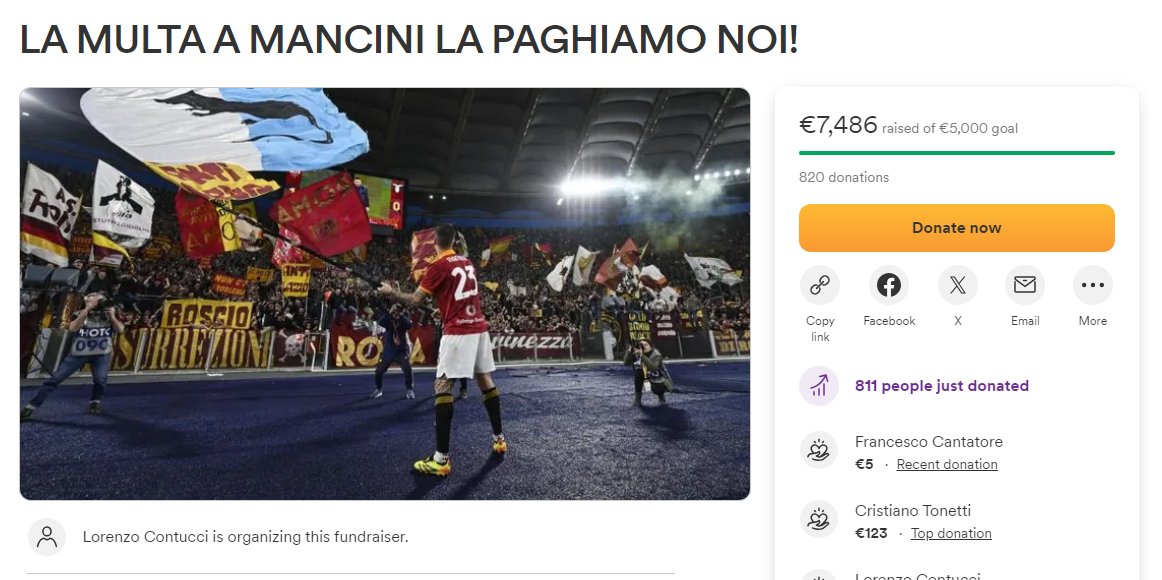 Gianluca #Mancini został ukarany grzywną 5K € za wymachiwanie flagą w barwach Lazio z wizerunkiem szczura po derbach Rzymu. Kibice Romy skrzyknęli się i założyli zrzutkę, żeby opłacić grzywnę za niego - na tu i teraz 820 tifosich zebrało już 7.5K € 🙃 #włoskarobota #RomaLazio