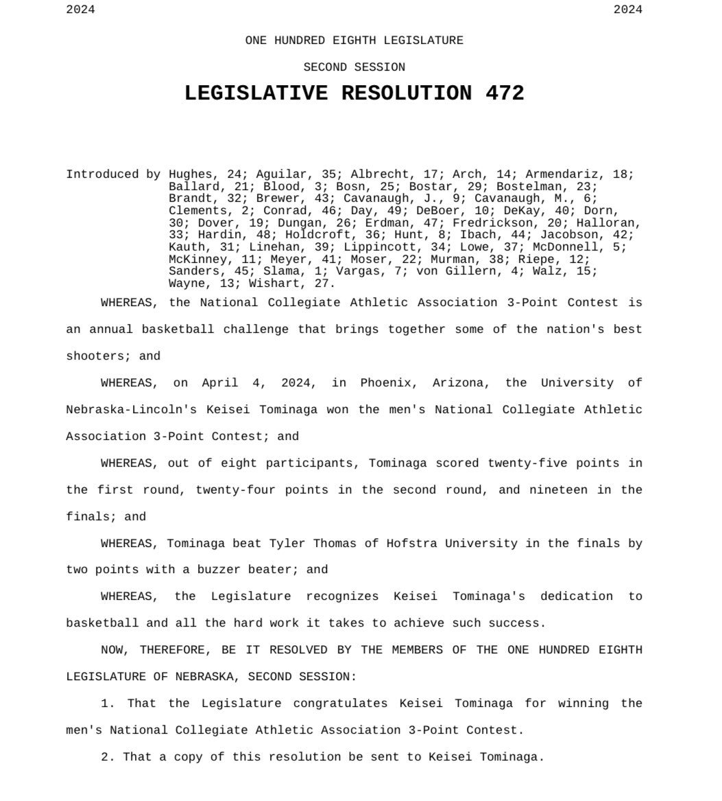 Keisei Tominaga’s legend continues. The #Husker sensation brings together politicians from all sides in this #neleg resolution celebrating his title as greatest 3-point shooter maybe ever.