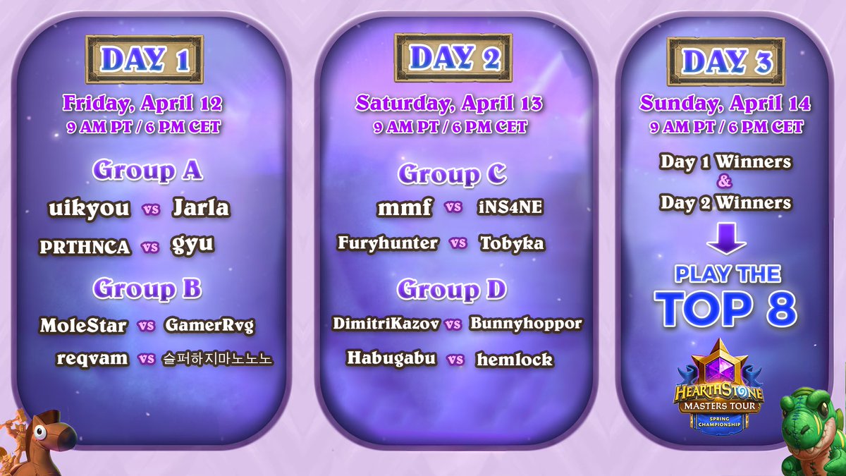 Masters Tour Spring Schedule 🗓️ You can watch it in the official @PlayHearthstone Twitch Channel or join community Watch Parties across Twitch ✨ Can’t wait for this one, should be really good 🙌