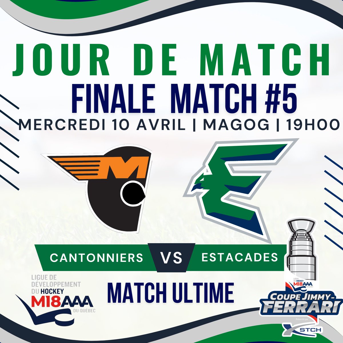 JOUR DE MATCH 🔥‼️ Nous y sommes, c’est officiellement le dernier match de la saison!!! Les Estacades sont sur la route aujourd’hui pour disputer le match #5 de la série finale contre les Cantonniers ce soir à 19h00 à Magog! Le gagnant de ce soir remportera la coupe Jimmy-Ferrari