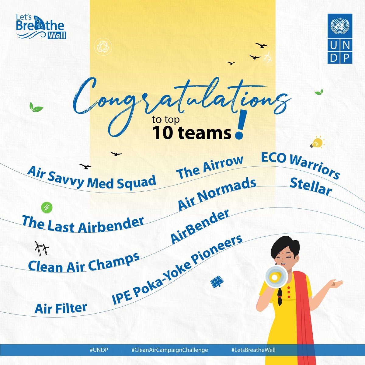 Thanks to all the teams who submitted their ideas for our #LetsBreatheWell Clean Air Campaign Design Challenge 🎉. Congratulations to the top 10, chosen by our respected jury. Get ready as we reach out to you for the next phase of our campaign. Together let's champion cleaner…