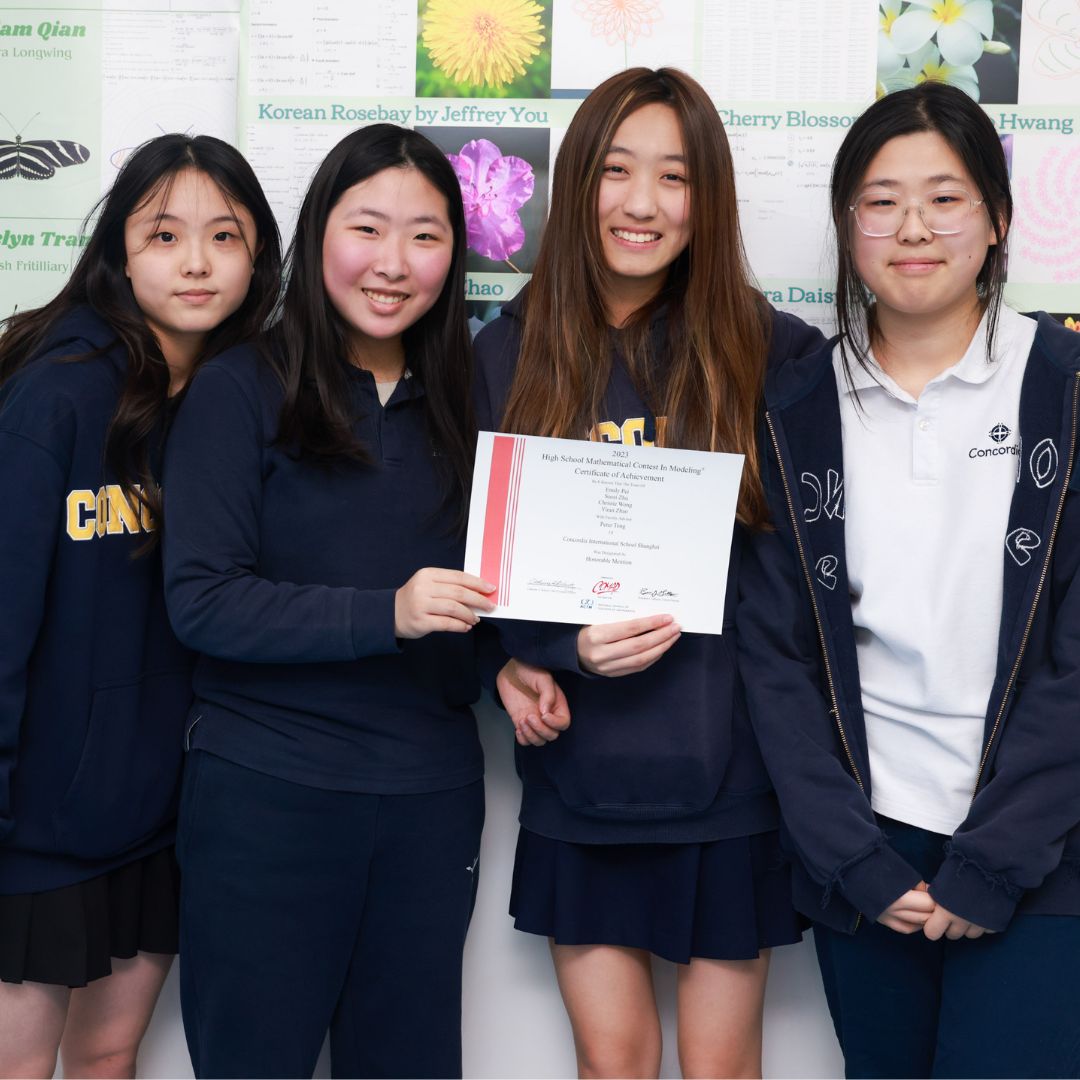 Concordia's Emily P., Christie W., Yiran Z., & Sussi Z. recently showcased their real-world problem-solving prowess, which landed them an Honorable Mention at the 2023 HiMCM!🏆