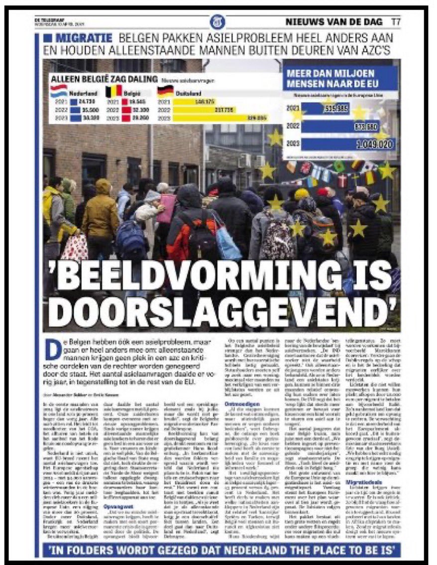 In herkomstlanden worden folders verspreid waarin wordt verteld dat Nederland the please to be is. Foto’s van hotels + cruiseschepen. In België foto’s van dakloze asielzoekers in tentjes.

NL is de dorpsgek van de EU. Dit MOET snel veranderen, daarom zit de #PVV nu aan tafel.