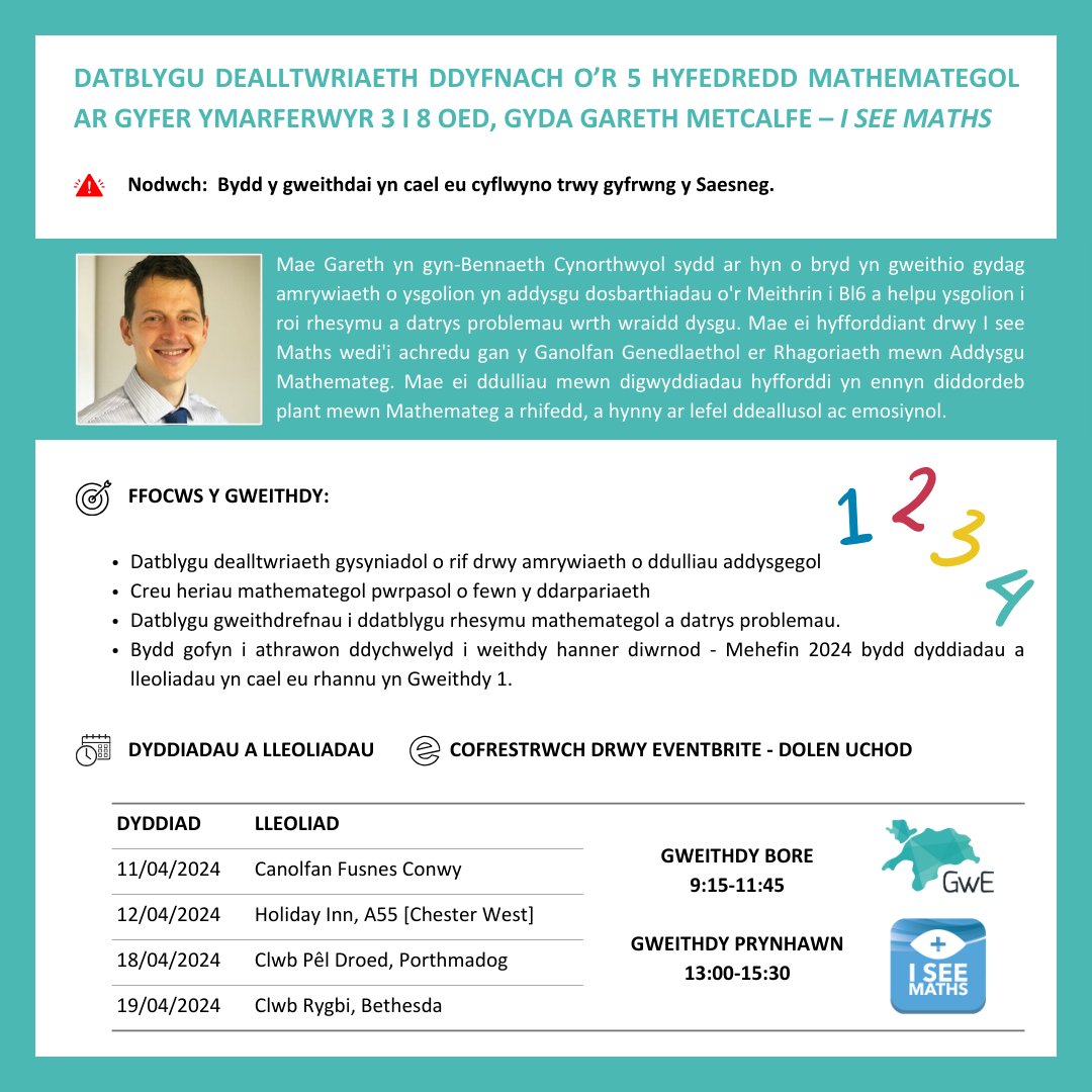 🧮 Gweithdy Mathemateg gyda Gareth Metcalfe ar gyfer ymarferwyr sy’n addysgu’r oedran 3 i 8 oed. Cofrestrwch drwy’r ddolen isod: 💻 eventbrite.com/cc/gweithdai-g… @GCynradd @gareth_metcalfe @cyngormon @CyngorGwynedd @CBSConwy @CyngorSDd @CSyFflint @cbswrecsam