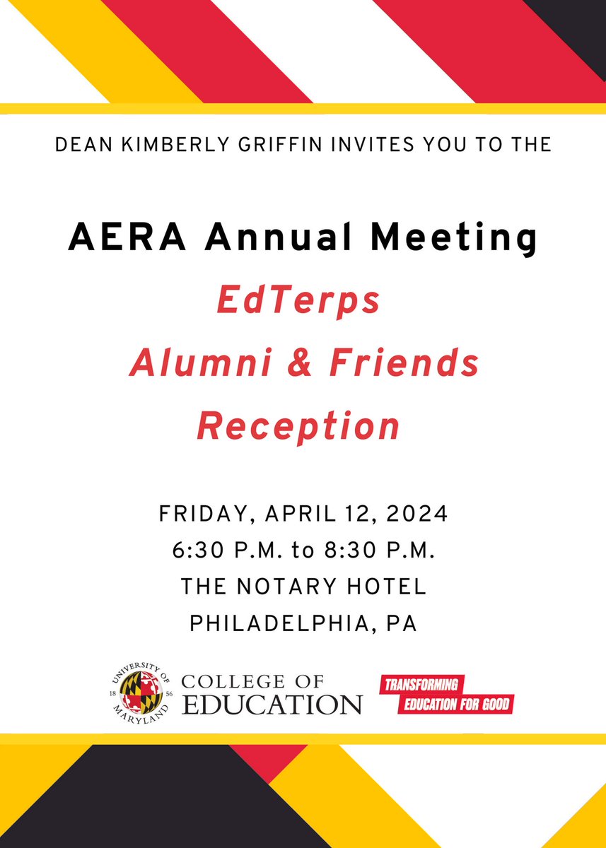 .#EdTerps - are you ready for AERA? Don't forget to join us on Friday at the University of Maryland reception! @UMDCollegeofEd