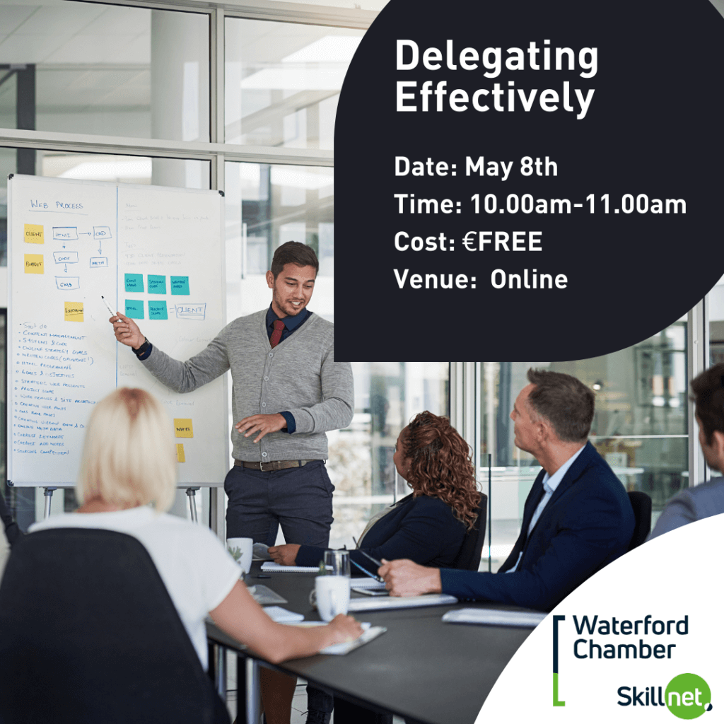 Boost your team's productivity with our 1-hour webinar on effective delegation. Secure your spot today: loom.ly/3dmvrRM #Webinar #Delegation #TeamMotivation #WaterfordSkillnet #Chamber