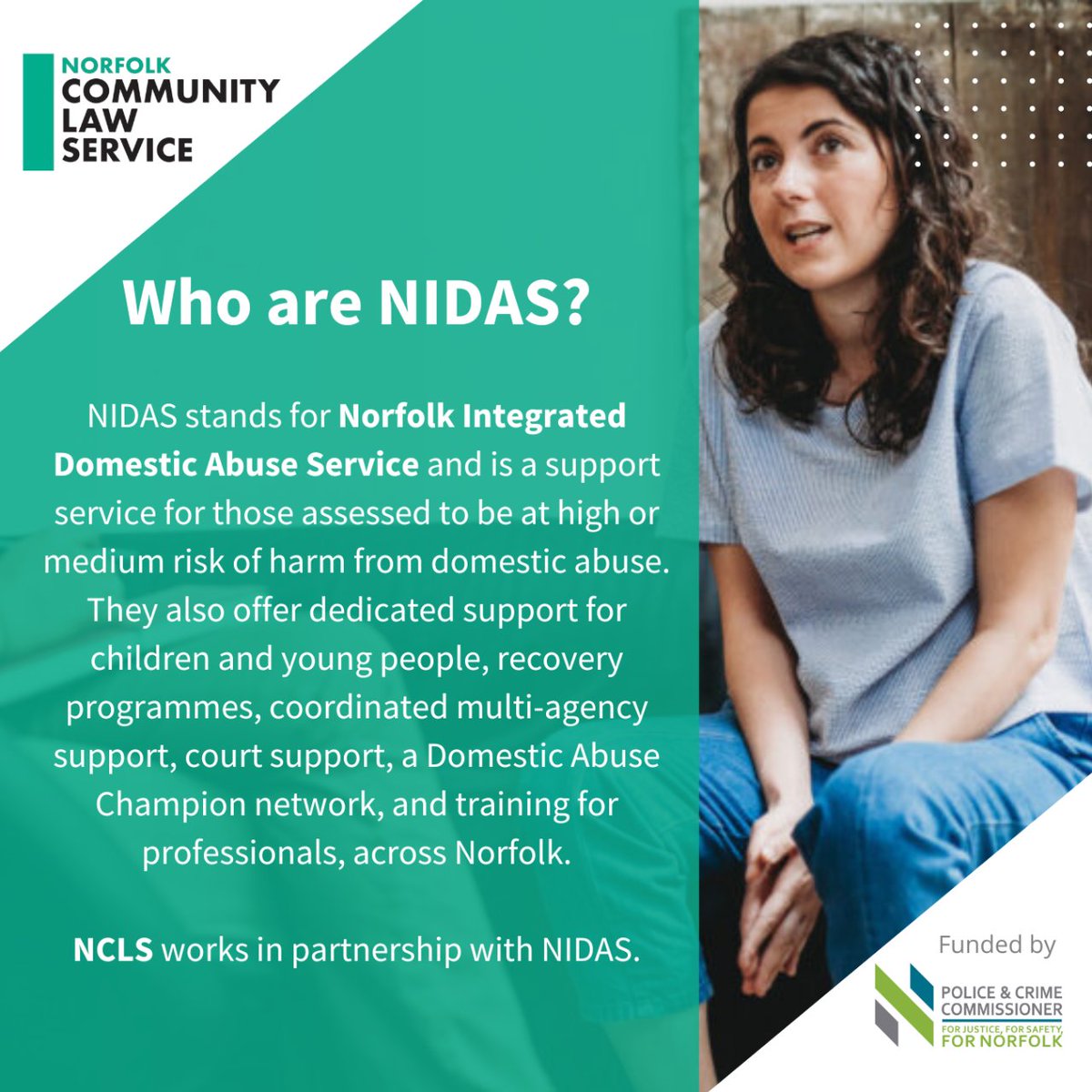 Who are NIDAS? We work together with @nidasnorfolk to support people experiencing domestic abuse in Norfolk. Read more 👇 More about NIDAS: nidasnorfolk.co.uk  More about NCLS: ncls.co.uk/domestic-abuse… @NorfolkPCC #Norfolk #Support #HereToHelp