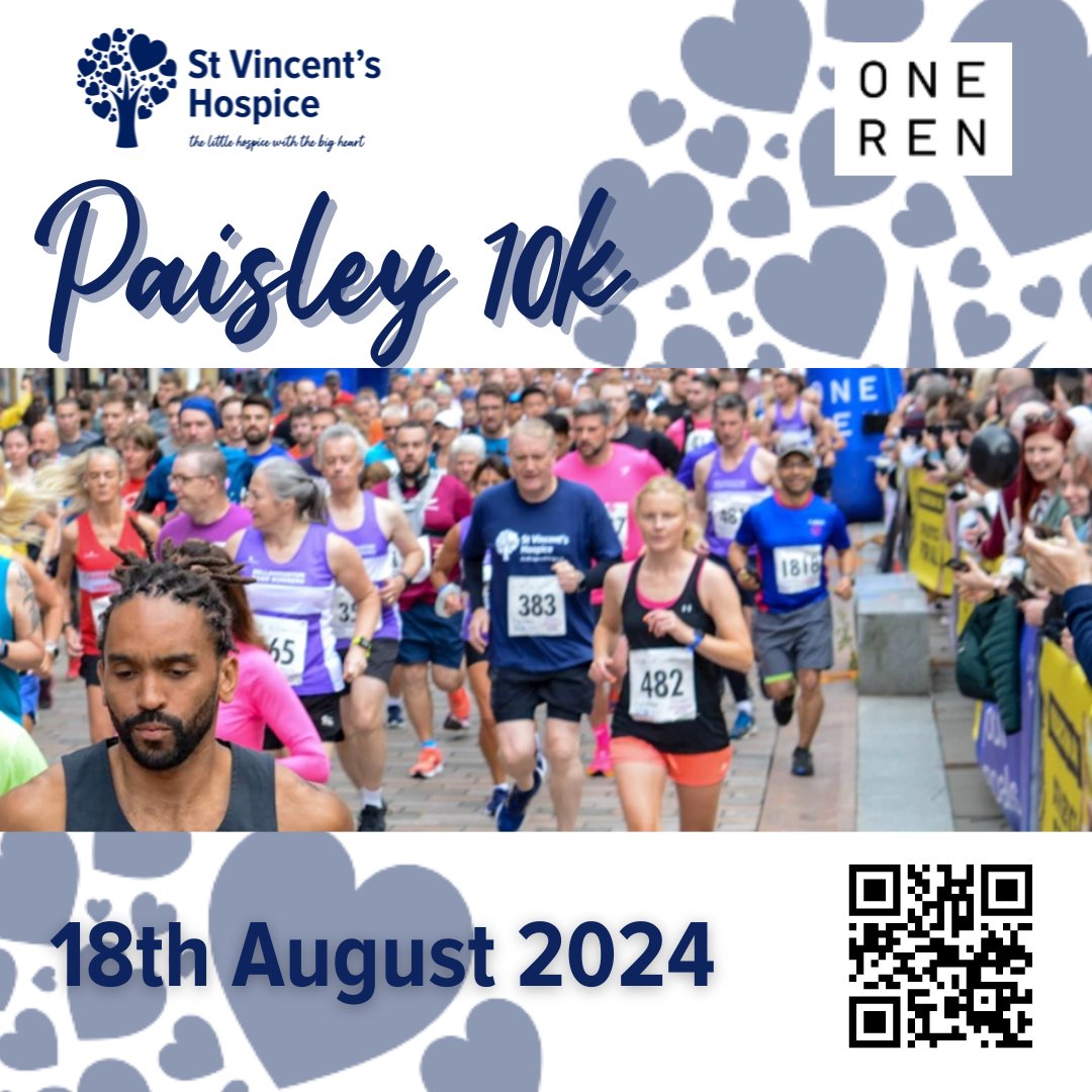 📣Did you hear that The Paisley 10k Road Race & Fun Run is back for 2024📣 🏃‍♂️We are on the look out for our #TeamSVH Runners for 2024🏃‍♂️ To grab your FREE place scan the QR code or contact the fundraising team at 📧fundraising@svh.co.uk #TeamSVH #Paisley10k