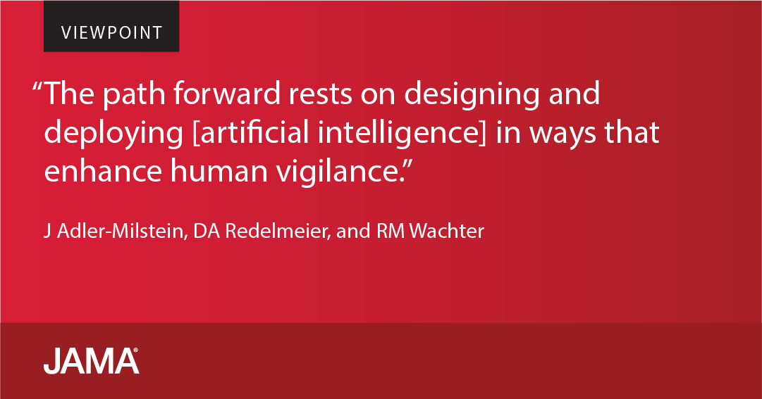 Viewpoint by @j_r_a_m, @UofT_DoM Donald Redelmeier, @Bob_Wachter examines the potential problems of clinician reliance on the use of AI in health care and offers suggestions on how AI could be designed to promote clinician vigilance. ja.ma/3VPTjEc