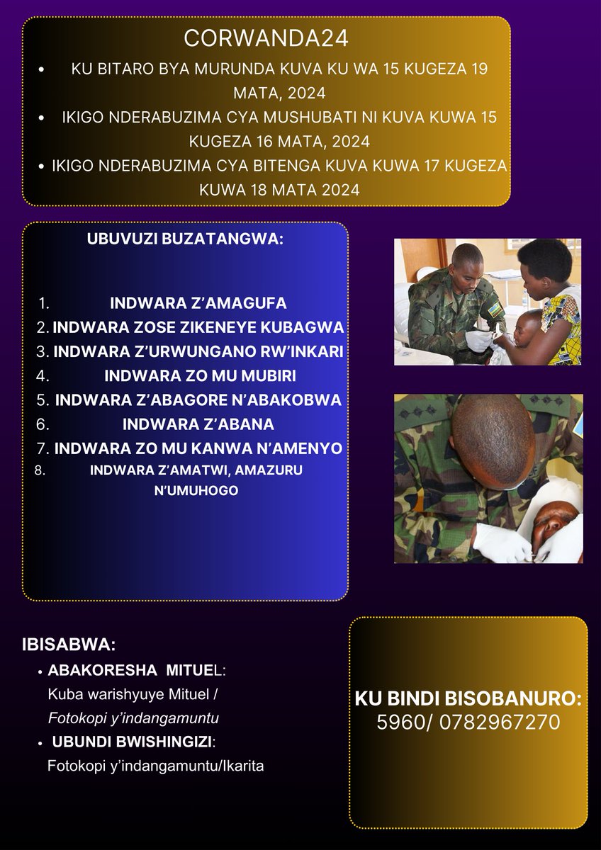 Ubuyobozi bw'Ibitaro bya @MurundaDH buramenyesha abantu bose bafite uburwayi butandukanye ko hari abaganga b'inzobere bazaza kuvurira mu Karere ka @RutsiroDistrict. @Nkunzipeter @Rwandahealth @RwandaMilitaryHosp