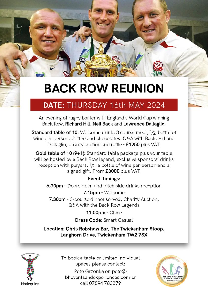 Excited to be hosting these legends @NeilBack @dallaglio8 @rhillrugby please support if you can only a few tables left.