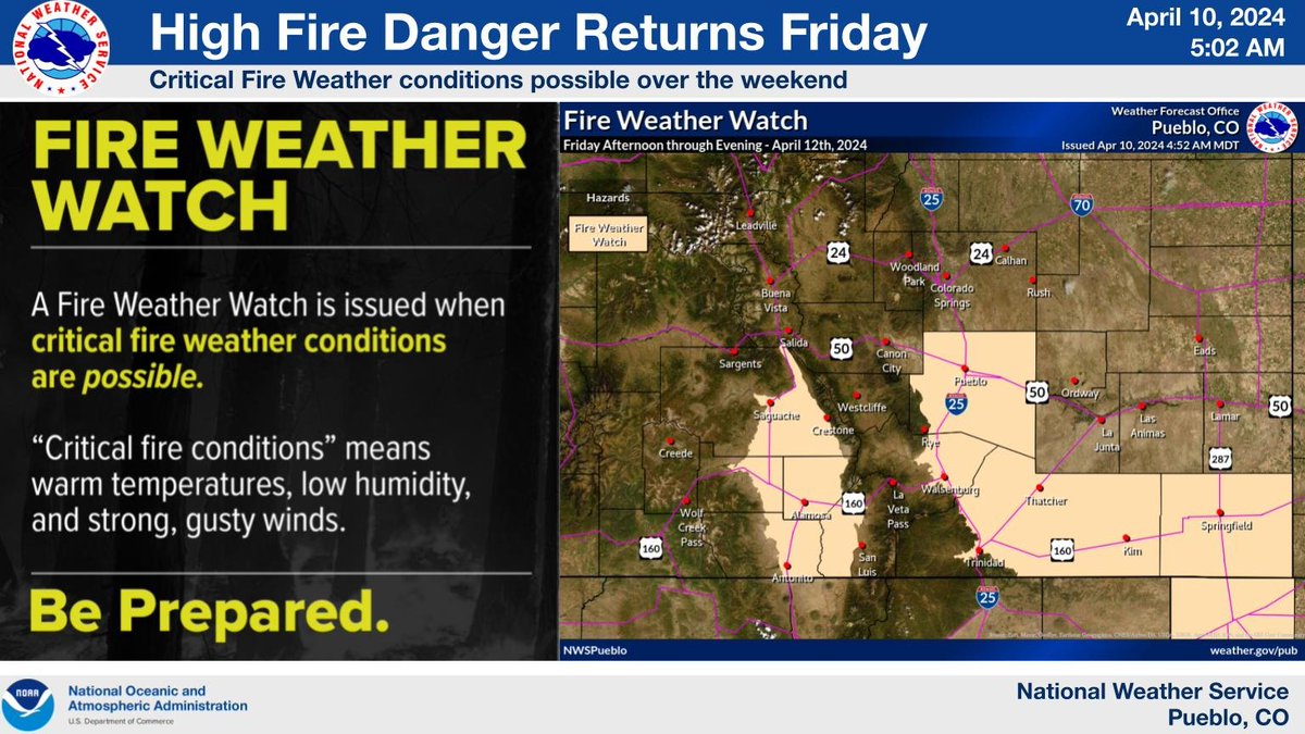 Critical Fire Weather Conditions will likely return to portions of the area Friday afternoon and evening. Please avoid all outdoor activities that could start a fire. #cowx #firewx