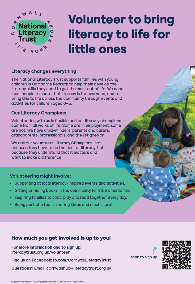 Could you spare a few hours a week to support young people in Camborne/Redruth with literacy?

Sign-up to support children aged 0-5 through community events and activites.

Find out how at literacytrust.org.uk/volunteer

#EarlyLiteracy #Children #Cornwall