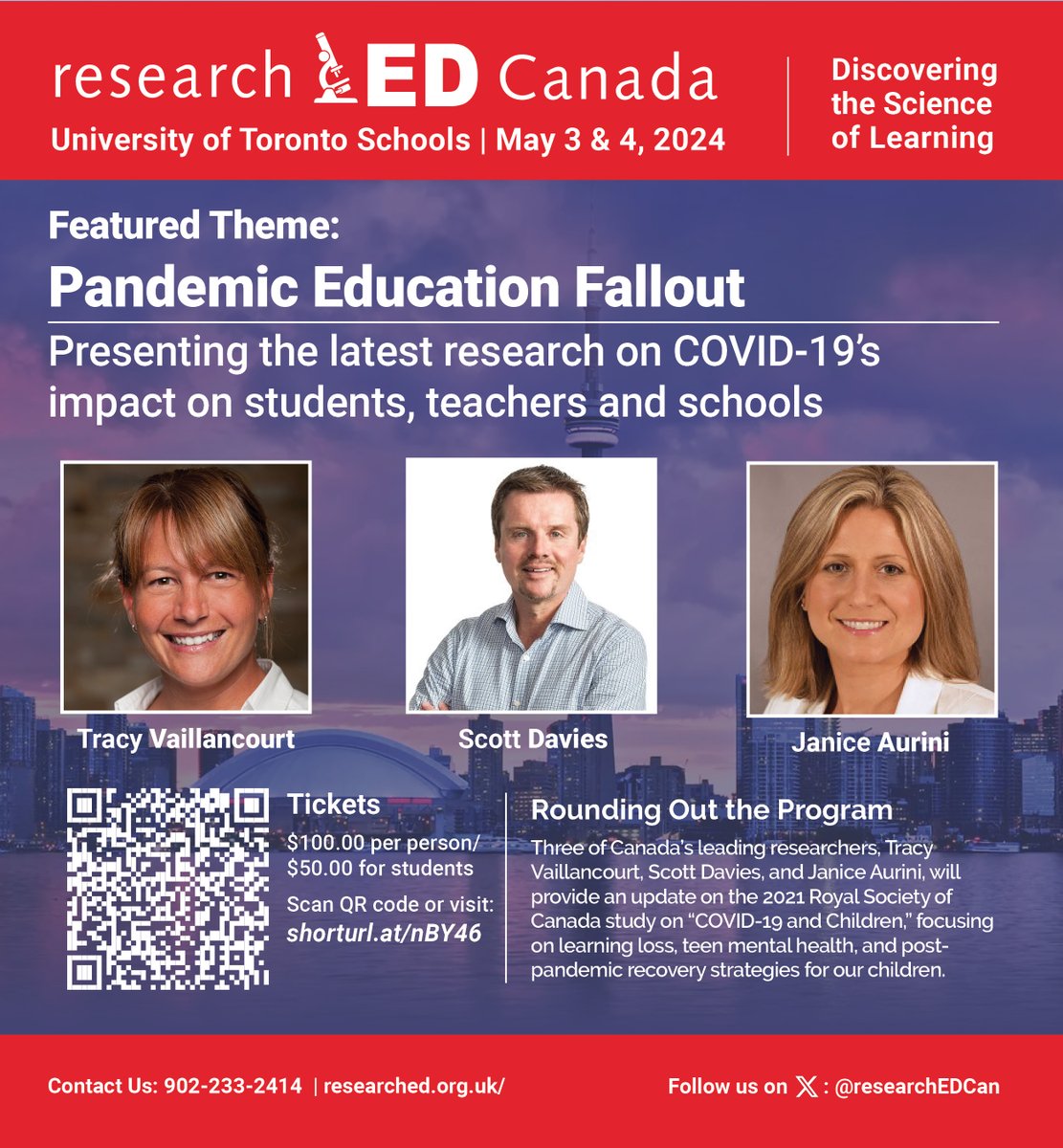 researchEDCan's tweet image. Pandemic Education Fallout: What&apos;s the Latest on the Impact?  Leading Canadian researchers Tracy Vaillancourt, Scott Davies and Janice Aurini will be at #researchEDTToronto (May 3-4/24) to share their latest research findings #learningloss #teenmentalhealth #cdned #ONTed